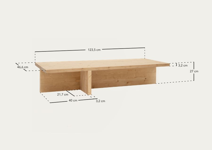 Tavolino in legno massello in tonalità naturale di 123,5x27cm