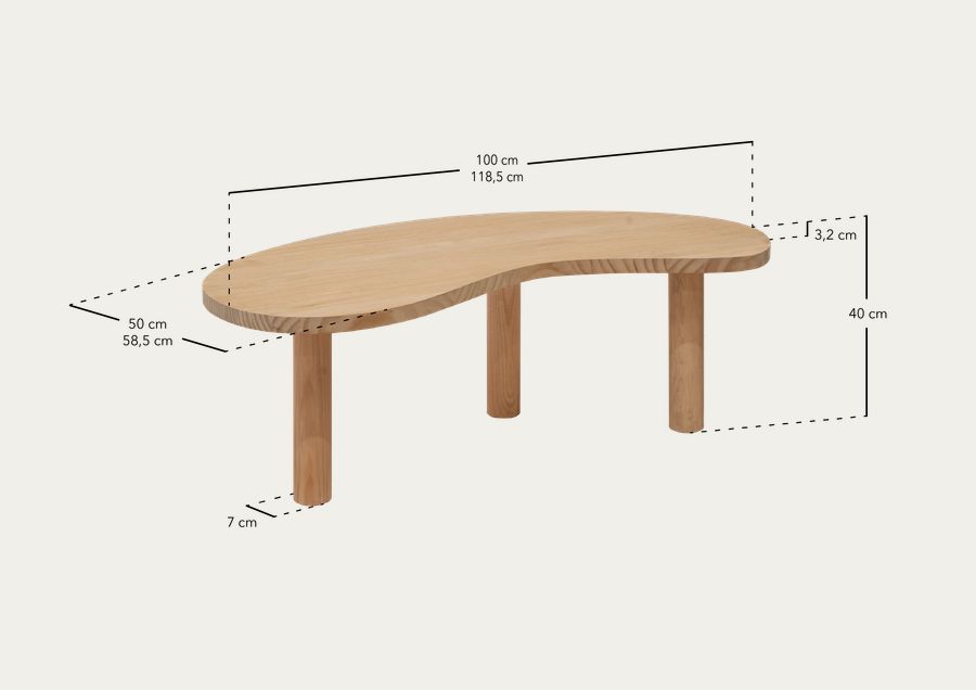 Mesa de centro de madeira maciça com formas orgânicas em tom médio de carvalho de vários tamanhos