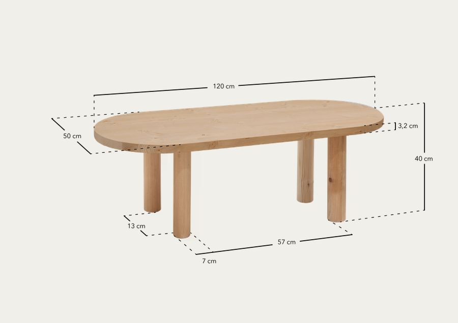 Tavolino ovale in legno massello in tonalità di rovere scuro di 40x120cm