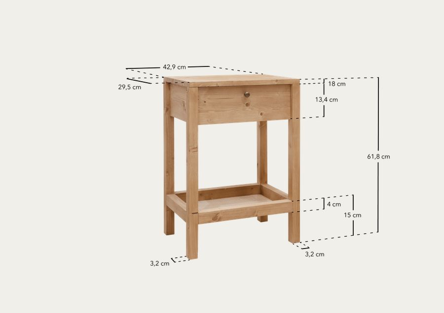 Table de chevet en bois massif avec un tiroir en teinte chêne moyen de 61x42cm.