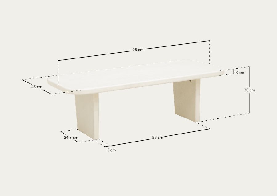 Mesa de centro de microcimento com dois pés em tom off-white 95cm