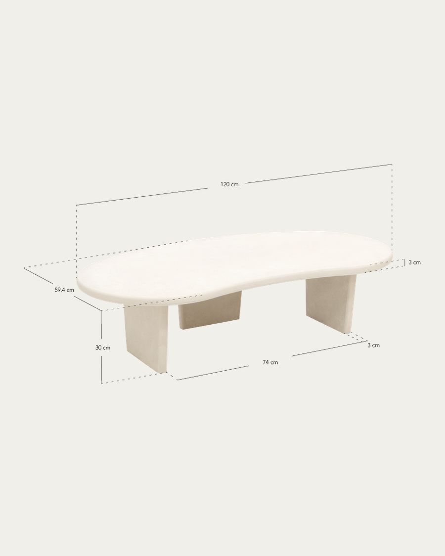 Table basse en microciment aux formes organiques avec trois pieds de teinte blanc cassé de 120cm