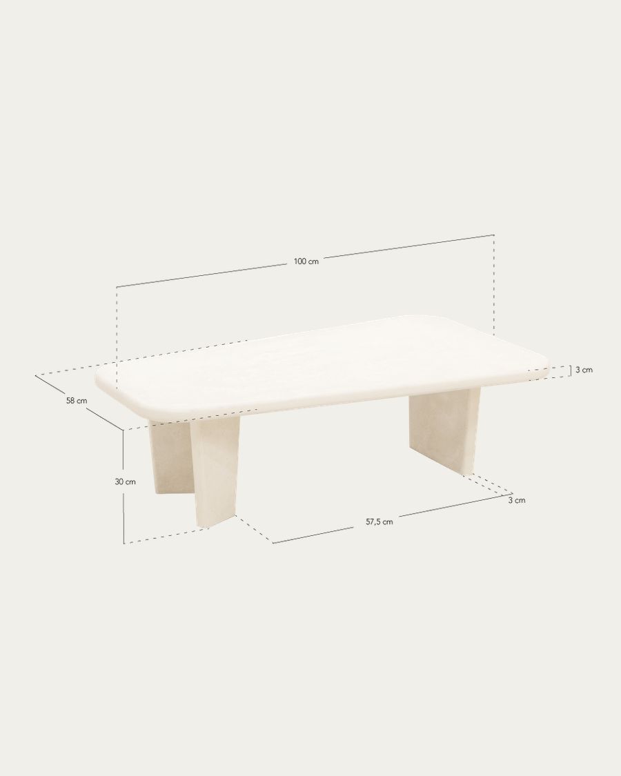 Mesa de centro de microcemento con tres patas tono blanco roto de 100cm