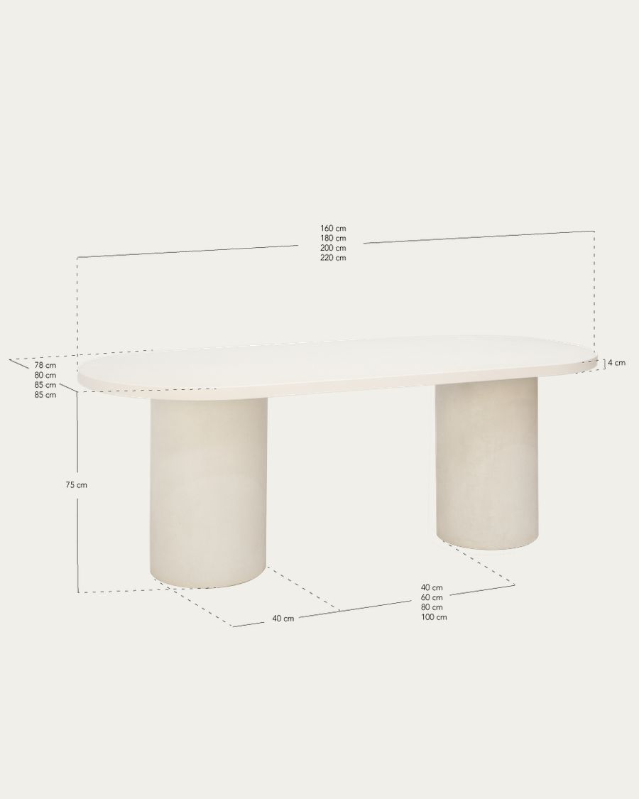Mesa de comedor ovalada de madera maciza tono roble oscuro y patas de microcemento en tono tierra de varias medidas