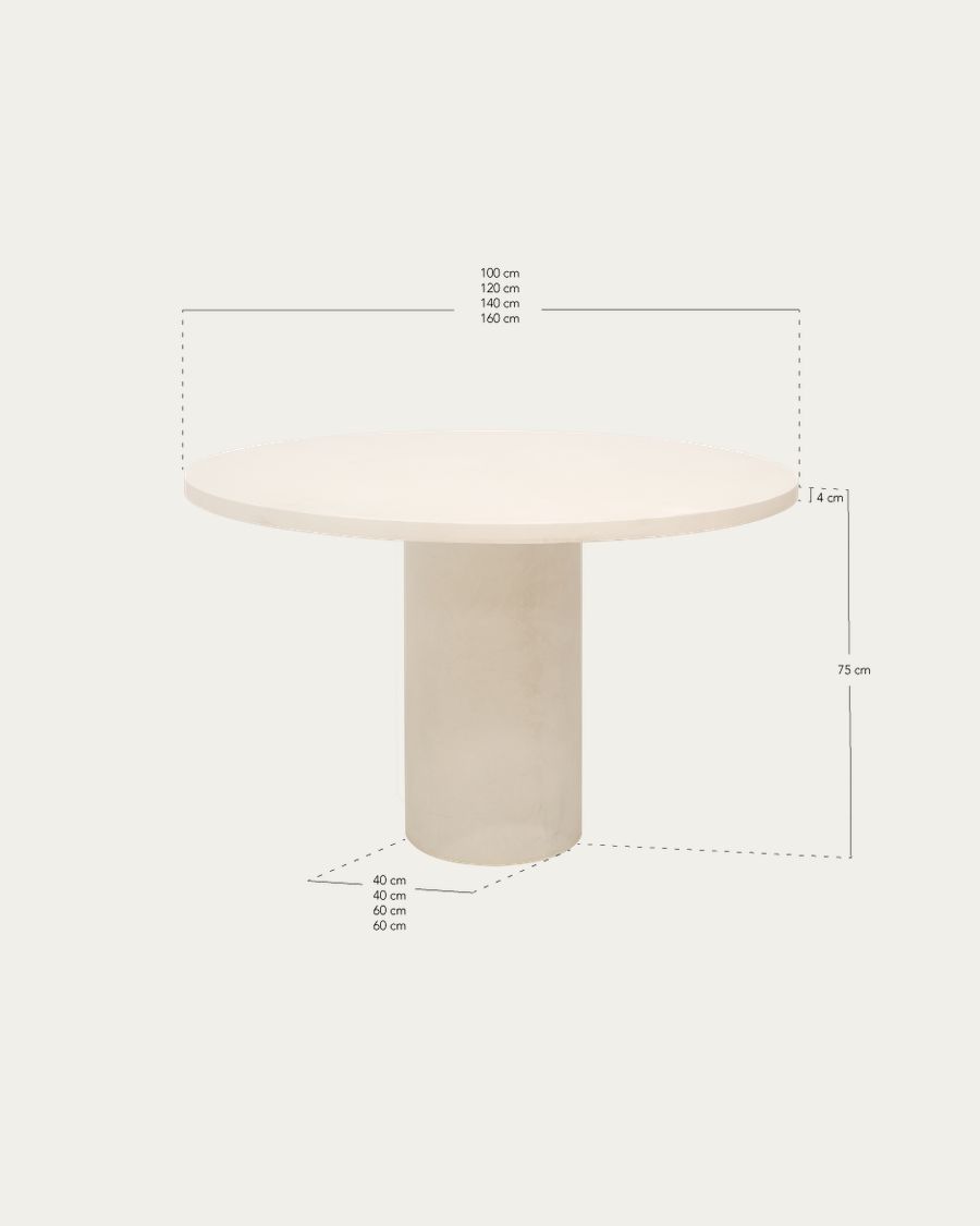Mesa de comedor redonda de madera maciza tono roble oscuro y patas de microcemento en tono tierra de varias medidas