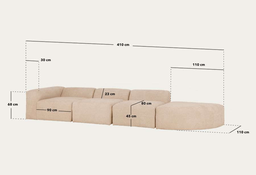 Sofá de 4 módulos con curva de bouclé color marrón 410x110cm