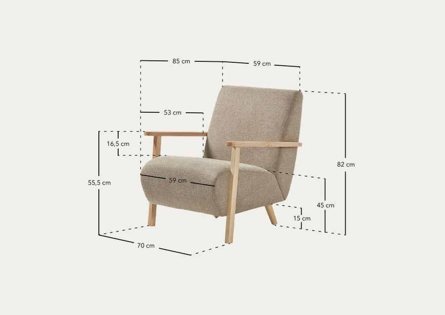 Butaca de madera maciza con asiento de tela en color beige de 82x70cm