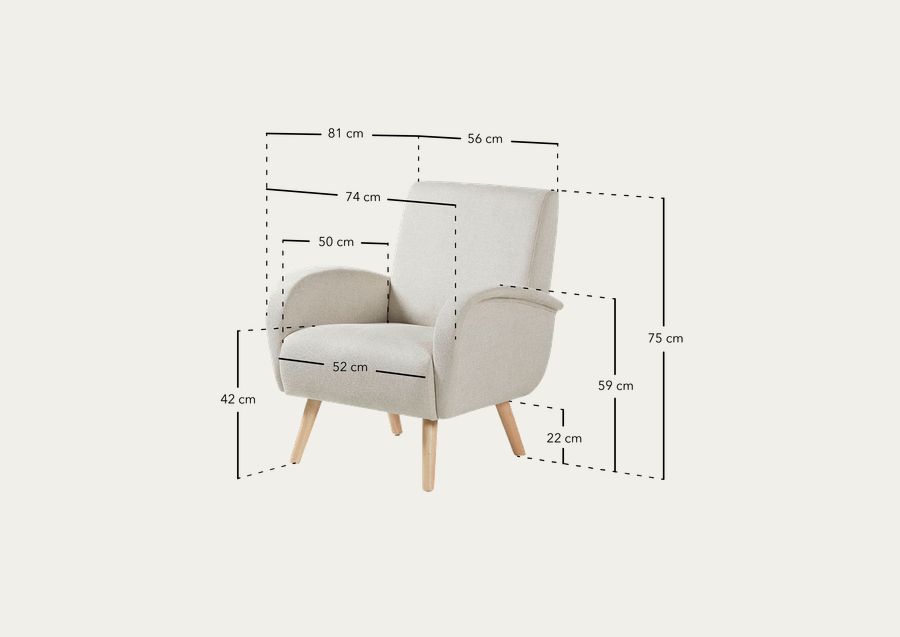 Butaca de madera maciza con asiento de espuma y fibra en color gris de 75x74cm