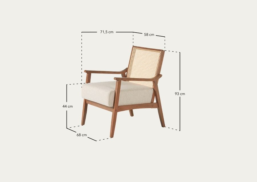 Butaca de madera maciza con asiento de espuma y fibra en acabado nogal de 78x68cm