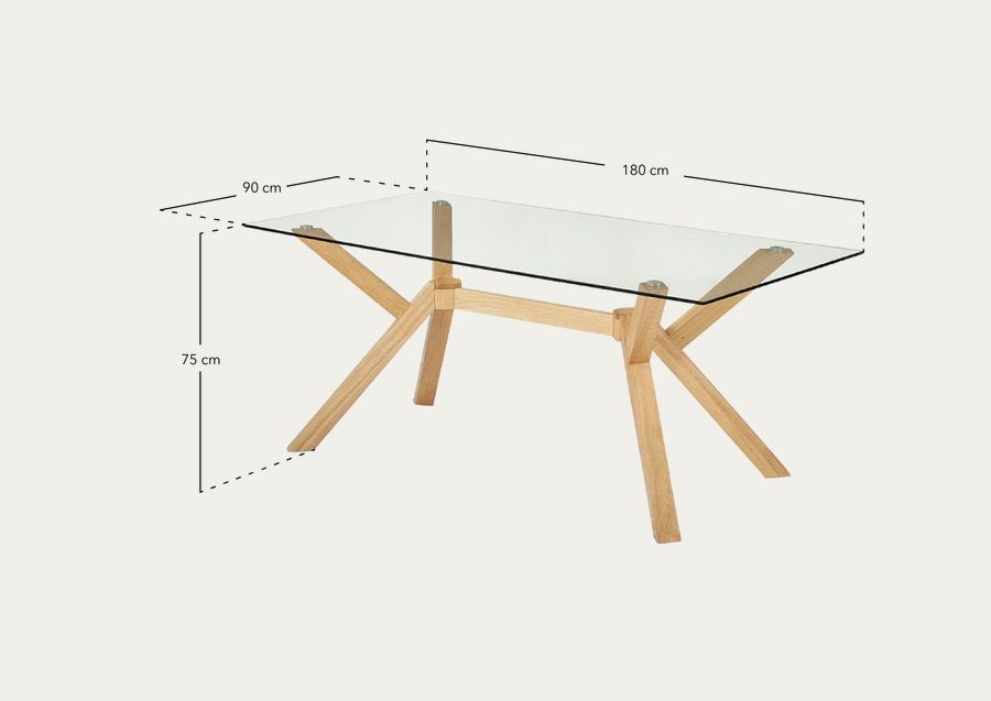 Tavolo da pranzo in vetro temperato con gambe in legno da 180cm