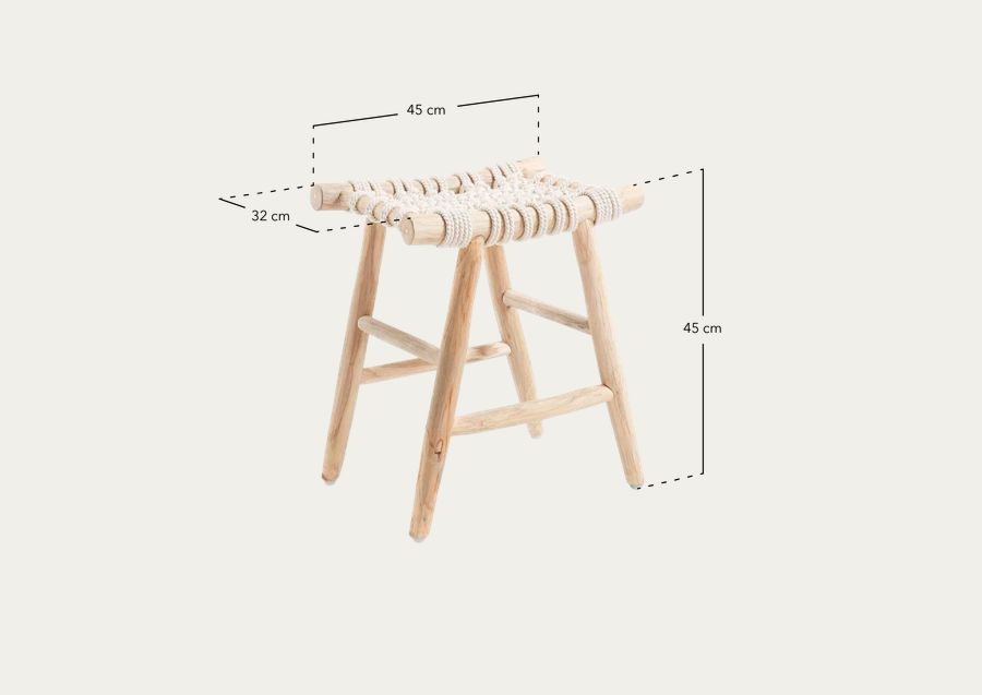 Mesita/tabuerte elaborado con estructura de madera de teca y sillón hecho con tapiz de cuerda natural de 45x45cm.
