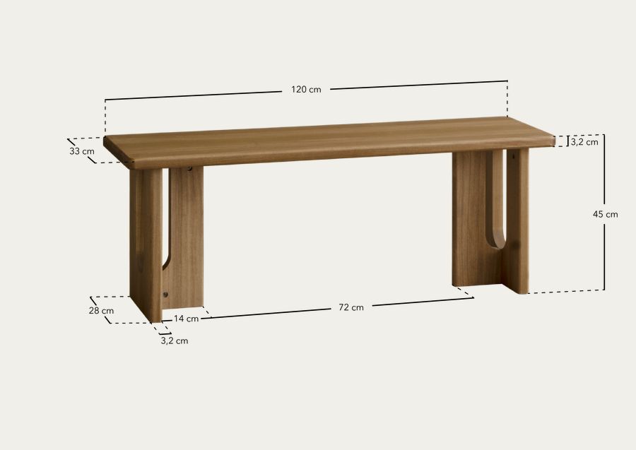 Banco de madeira maciça de choupo em 120x33cm