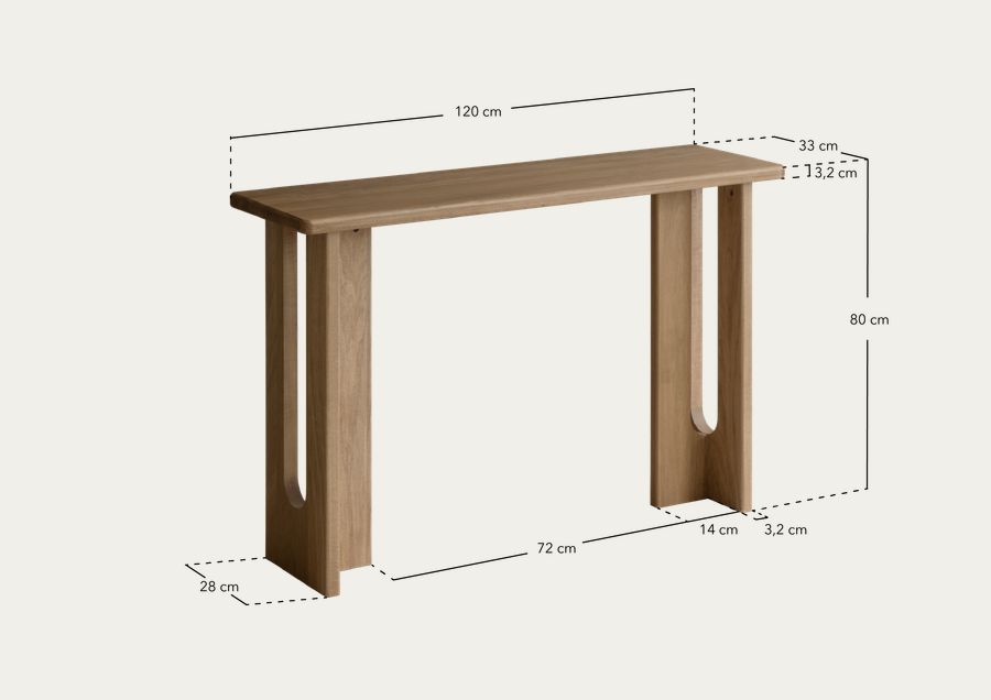 Consola de madeira maciça de choupo em 120x33cm