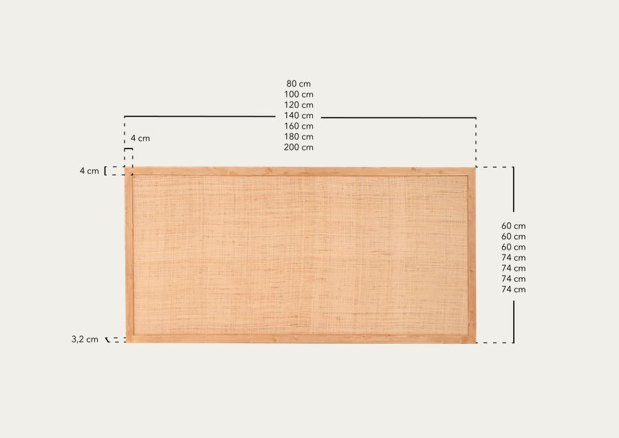 Massivholz-Kopfteil mit Rattan in Naturton in verschiedenen Größen